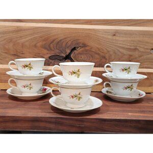 Thames Porcelain China "Moss Rose" Teacup and Saucer, Set of 6